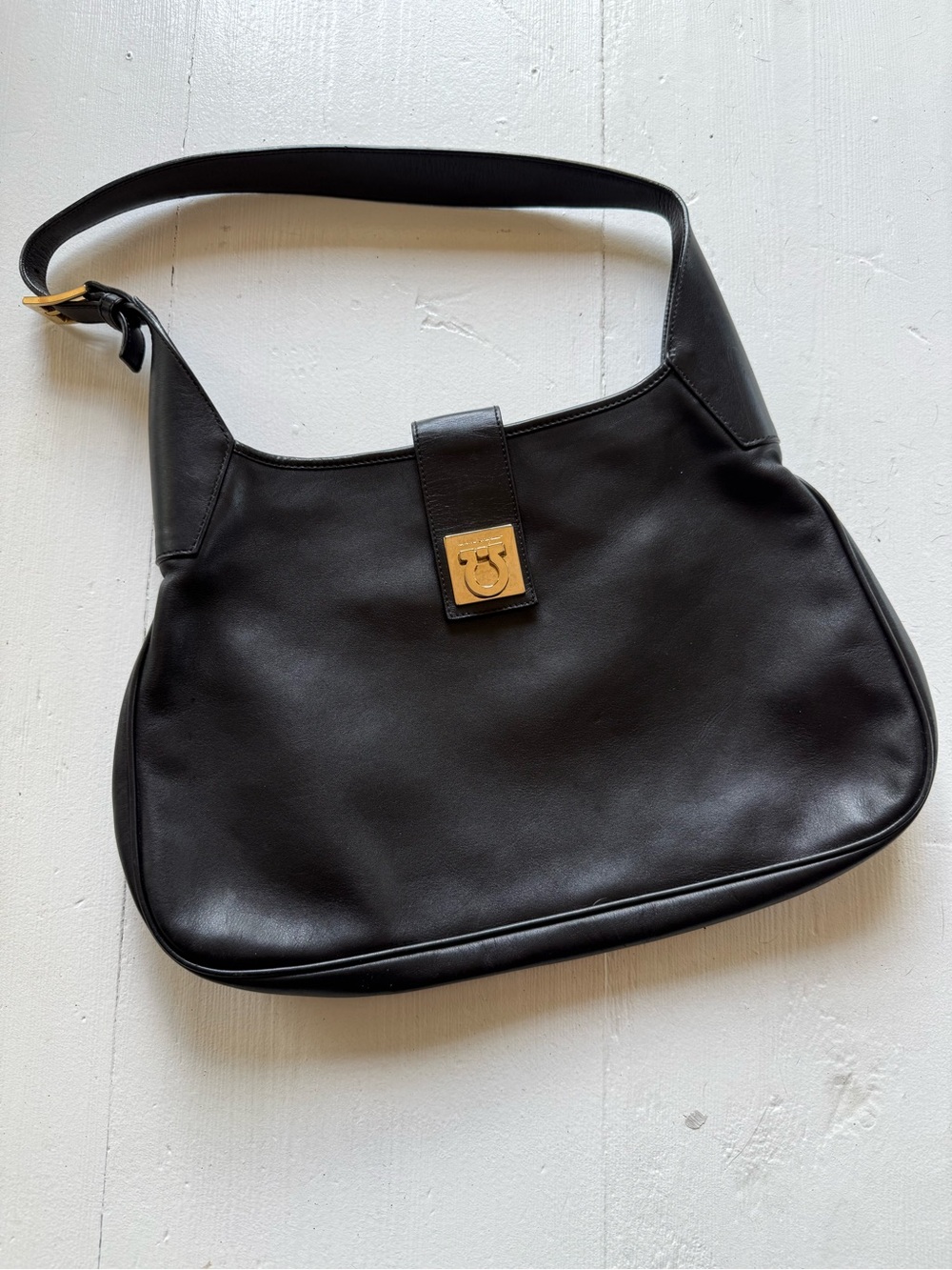 Vintage Salvatore Ferragamo Black Leather Shoulder Bag with Gold Hardware